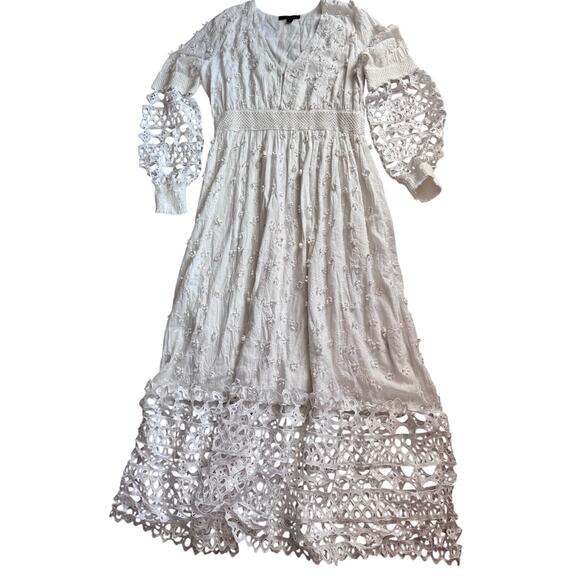 Boston Proper New White Lace Tiered Maxi Dress Large Flower Applicates - Picture 2 of 8